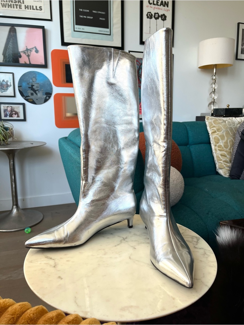 Silver knee high kitten heel boots size 9